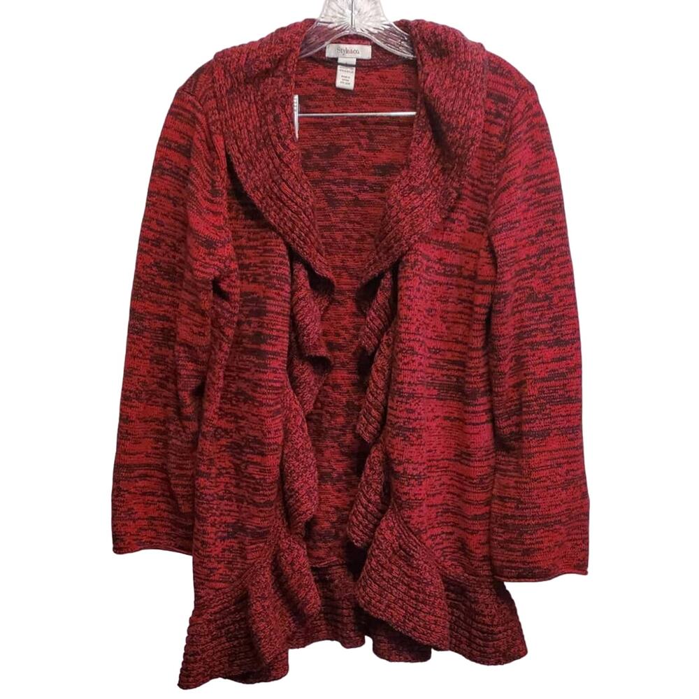 STYLE & CO Red & Black Open Front Ruffle Cardigan Sweater Size Large